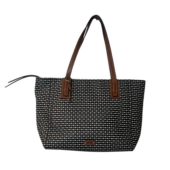 Fossil Handbags - Fossil Rachel Leather Black Striped Tote Purse, Leather, Key Charm, Classic Bag